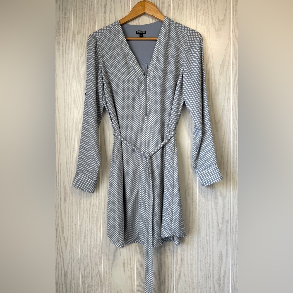 Express Geometric Zip Front Belted Shirt Dress Gray